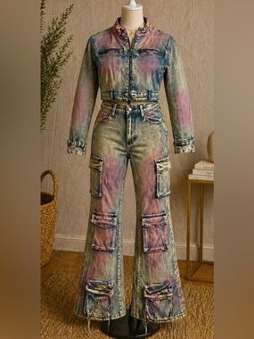 American Bazi Multicolor Wash Flare Cargo Jeans Size Large